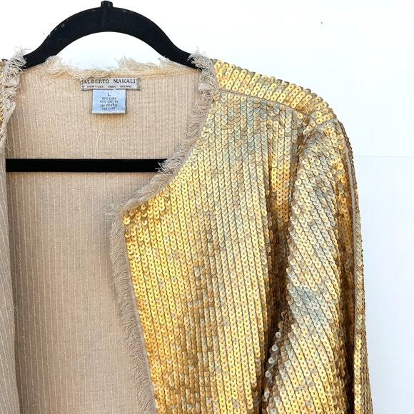 Vintage Alberto Makali 90s Y2K Gold Sequin Cocktail Jacket Linen Large Holiday - Picture 5 of 7